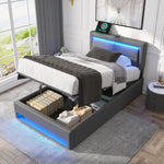Upholstered Bed 90x200cm LED Storage USB/Wireless Charging - PU Lychee Grey
