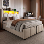 Children's Upholstered Bed 90x200cm LED USB Hydraulic Storage Headboard Shelves - Linen Beige