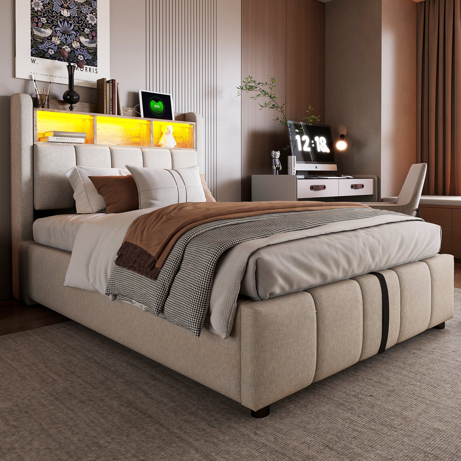 Children's Upholstered Bed 90x200cm LED USB Hydraulic Storage Headboard Shelves - Linen Beige