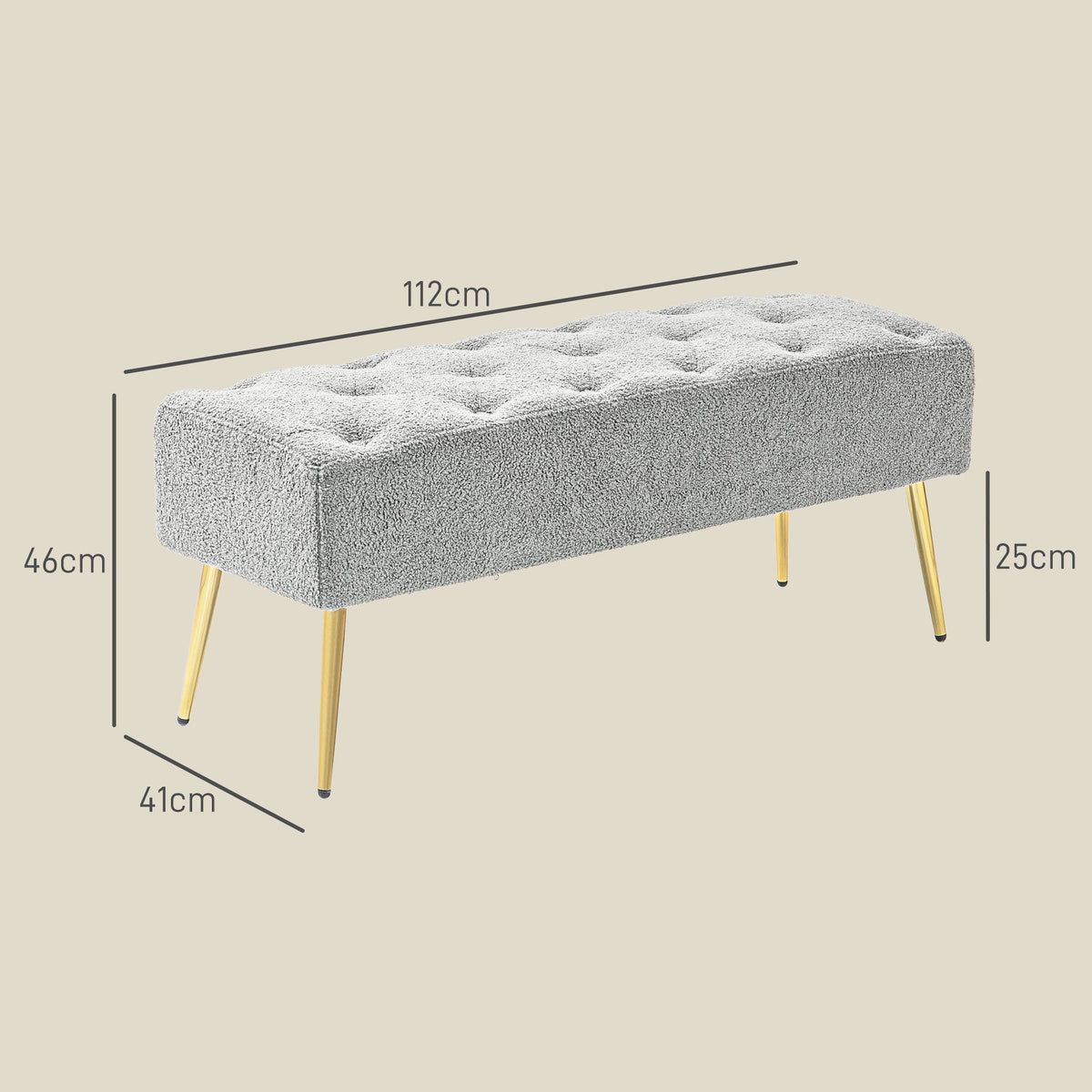 Upholstered Bench, Button Stitching, Steel Legs, Grey