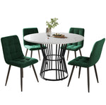 Dining Table Set 5-Piece Round 100cm Black Metal White MDF Green Velvet