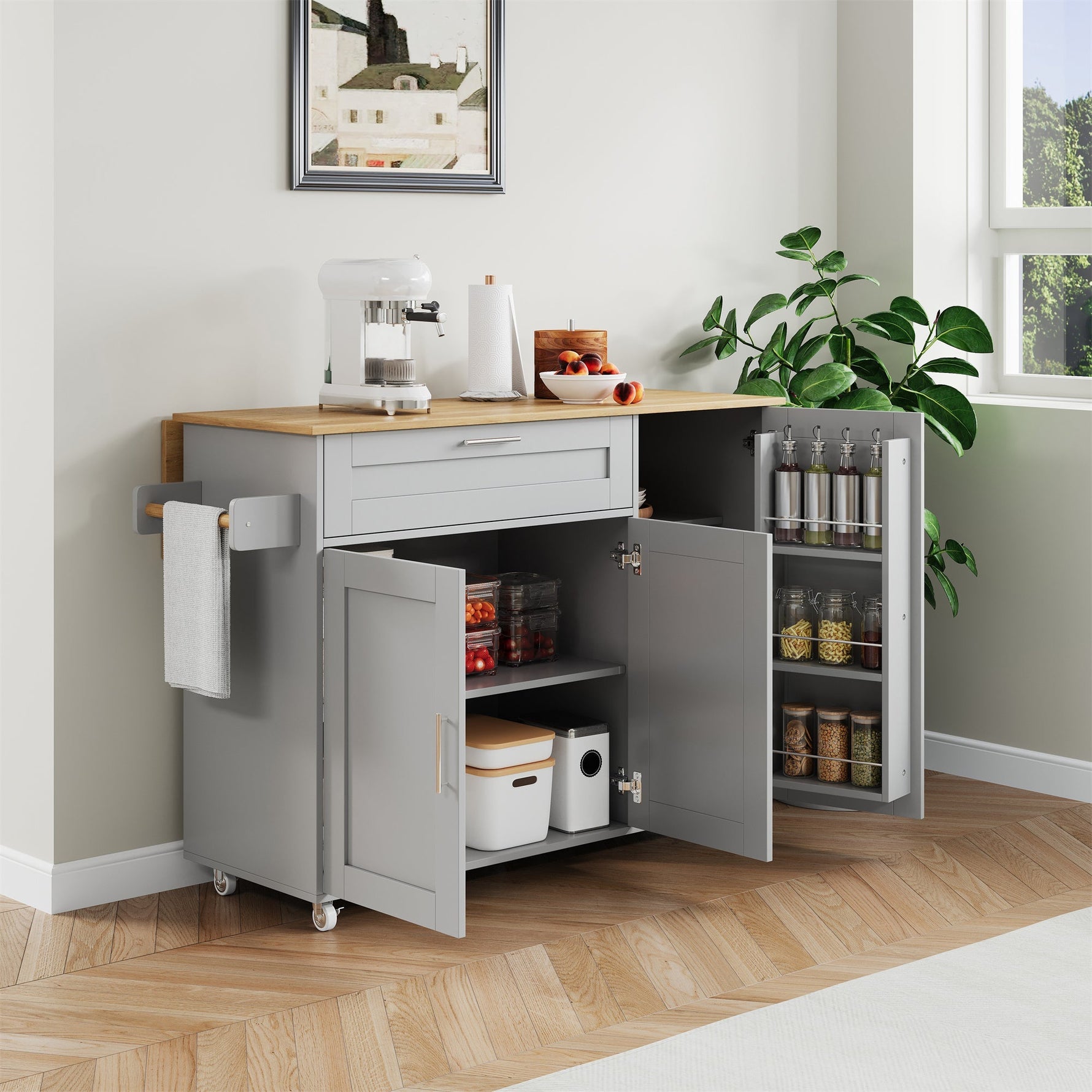 Mobile Kitchen Table Folding Top Storage Wheels - Oak Grain