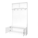 Entrance Cabinet, Storage Seat with Hooks & Open Compartments, White
