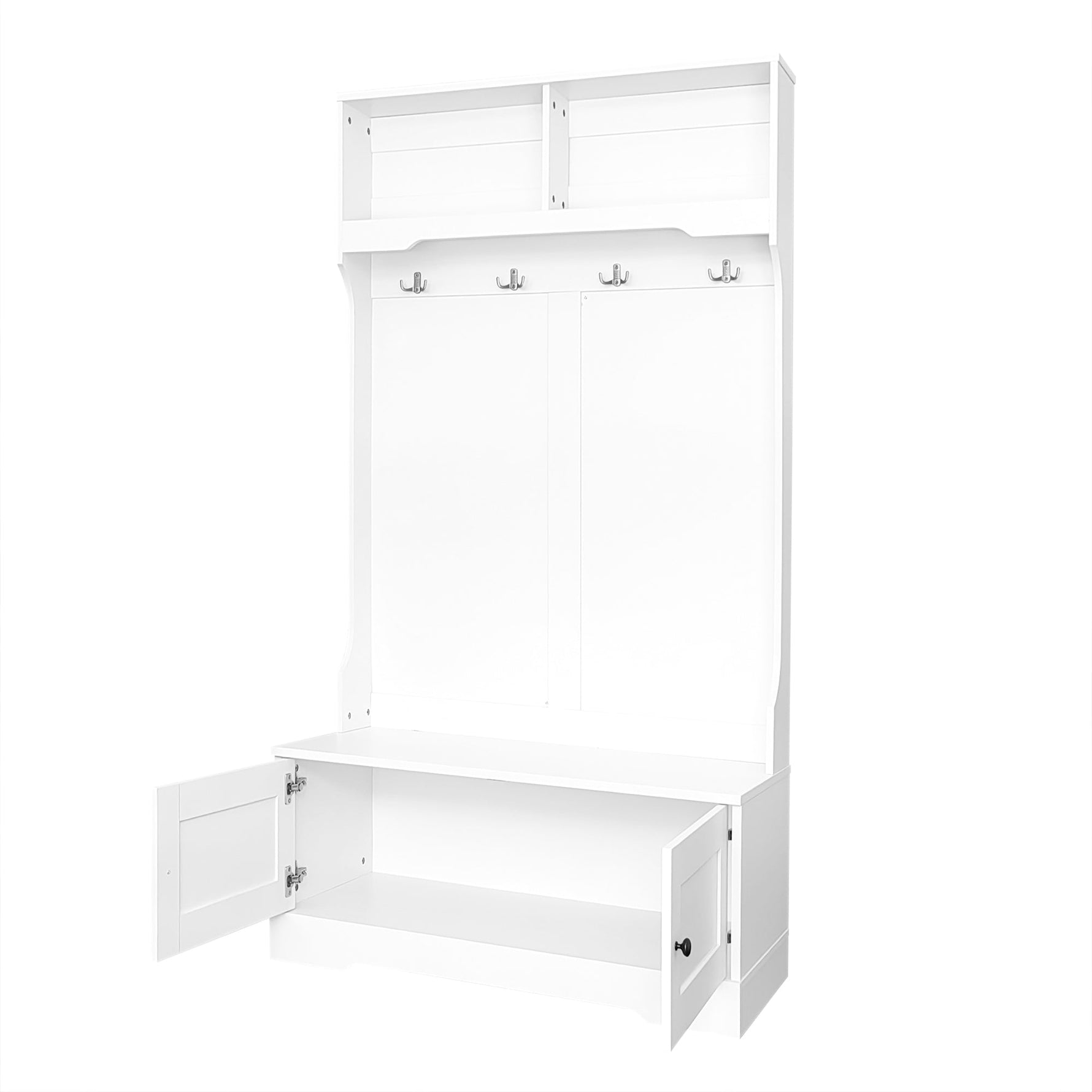 Entrance Cabinet, Storage Seat with Hooks & Open Compartments, White
