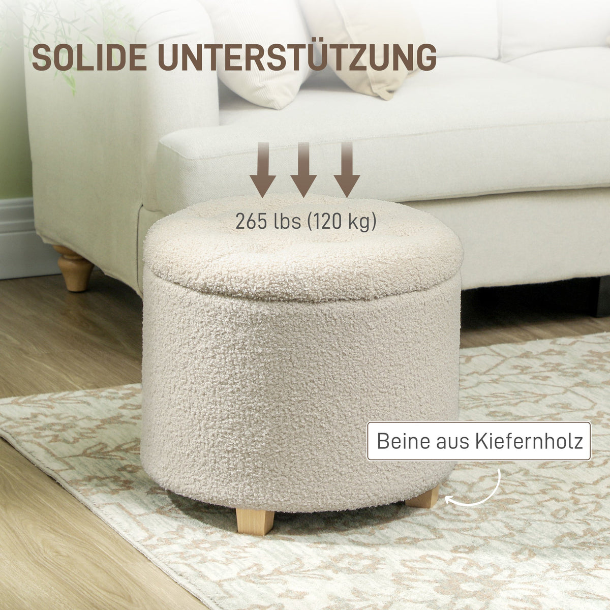 Storage Bench, Upholstered with Lid Cashmere Look Ø45 x 41 cm, Cream White