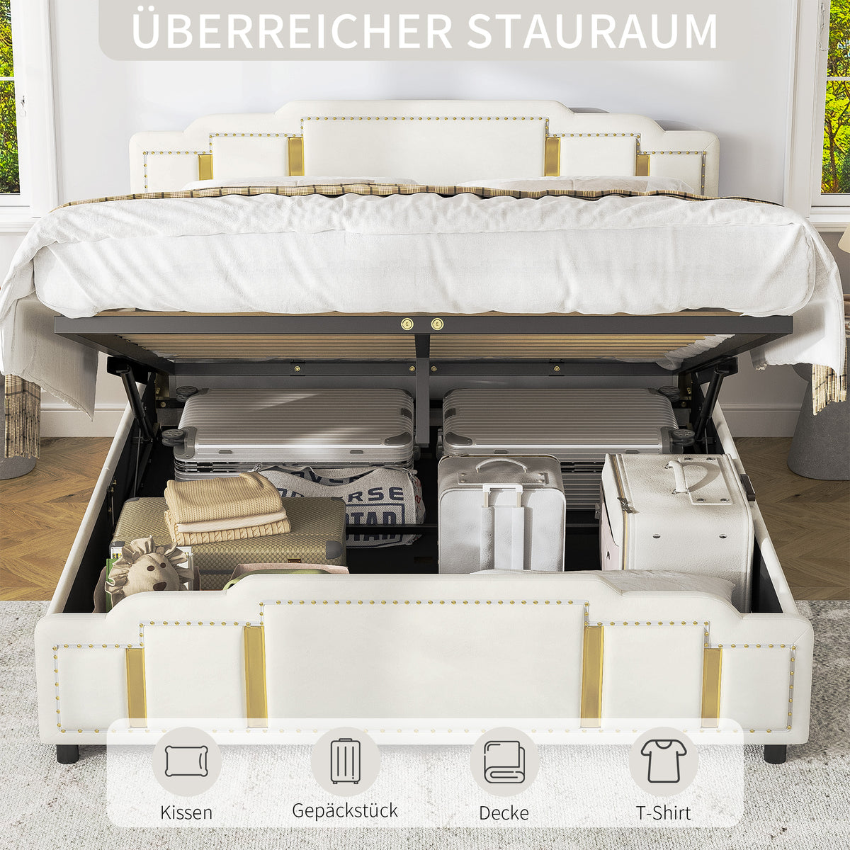 Hydraulic Double Bed 160x200cm with Headboard, Beige Velvet
