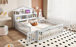 Children's Bed 140x200, Solid Wood House Frame with Shelves & Storage, White