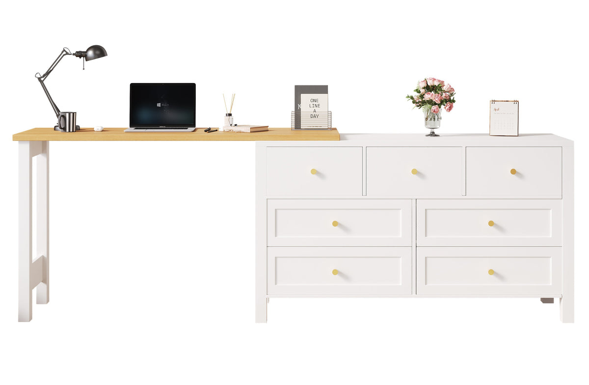 Desk, 7-Drawer 2-in-1 Rotating Workbench Sideboard, White/Natural Oak Look