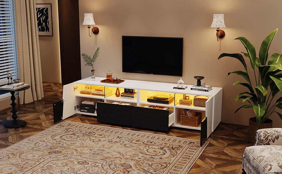 High-Gloss TV Stand 180cm LED 2 Drawers 2 Cabinets For 80 Inch TV - White/Black