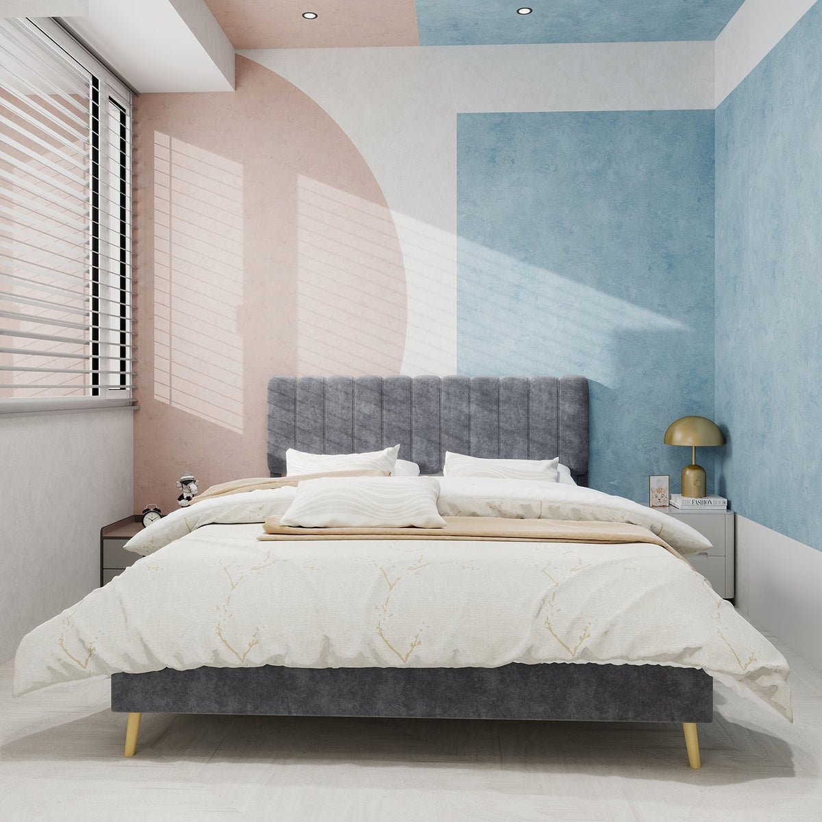 Upholstered Bed, Modern Minimalist Soft Headboard, 140x200cm Grey