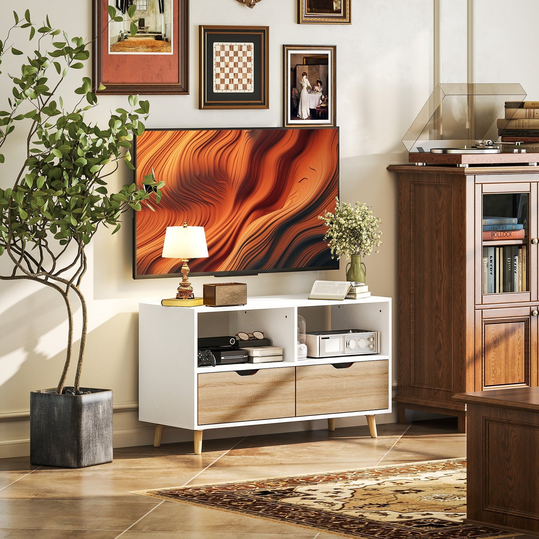 TV Cabinet Lowboard, 2 Shelves, Drawer, White