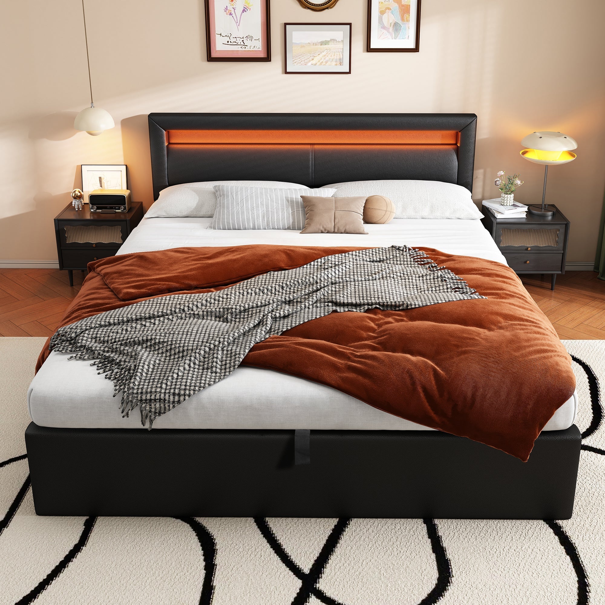 Upholstered Bed with LED Headboard, Storage and Slatted Base, 140x200cm, Black Faux Leather and Wood