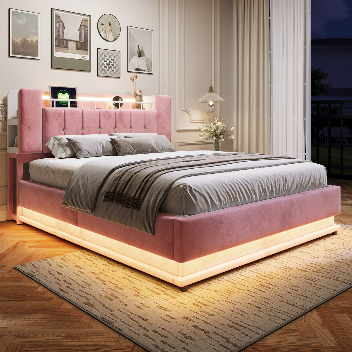 Smart Upholstered Bed 160x200cm with LED & Storage, Pink Velvet