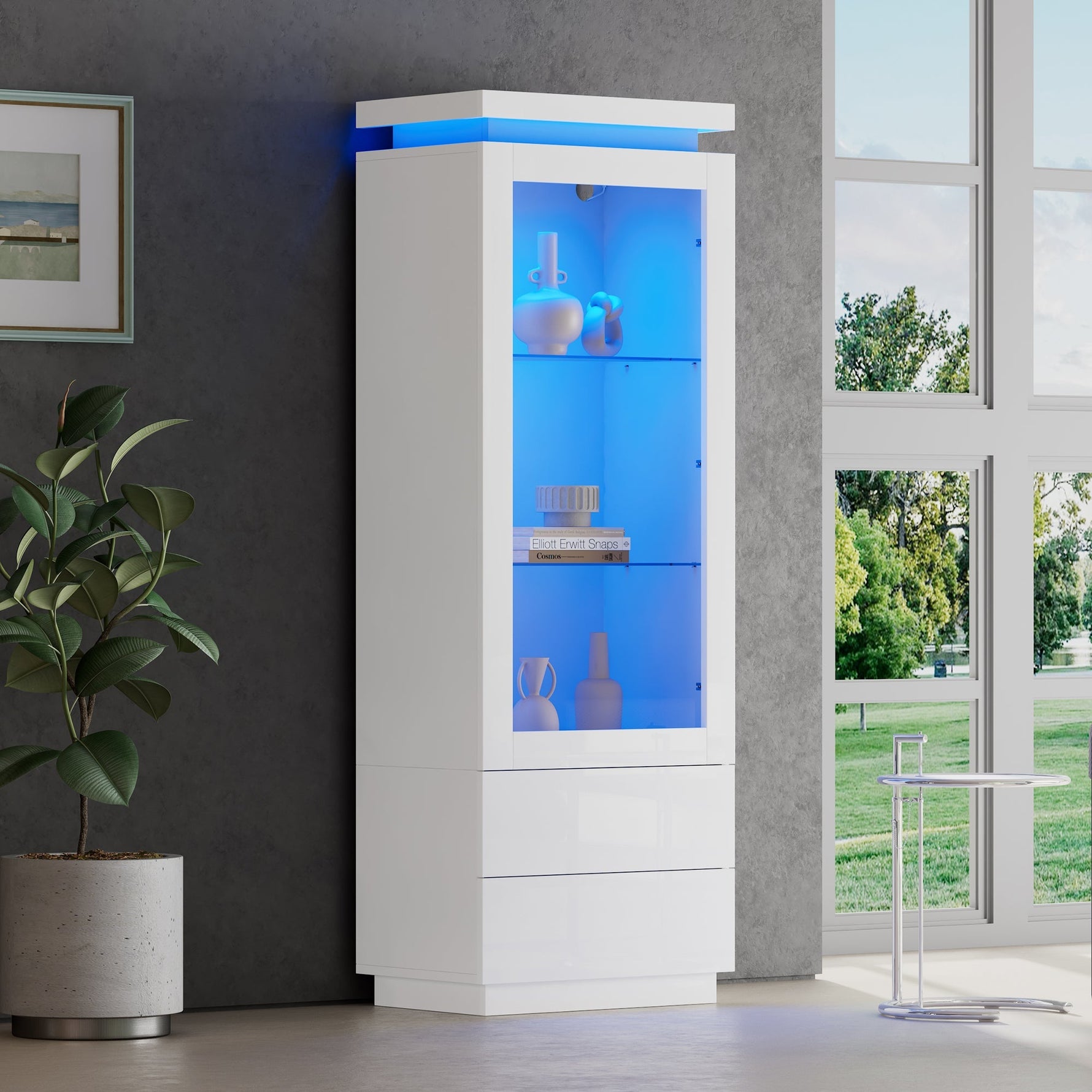 Display Cabinet 60x40x171cm Tall Glass LED 2 Drawers, High-Gloss White