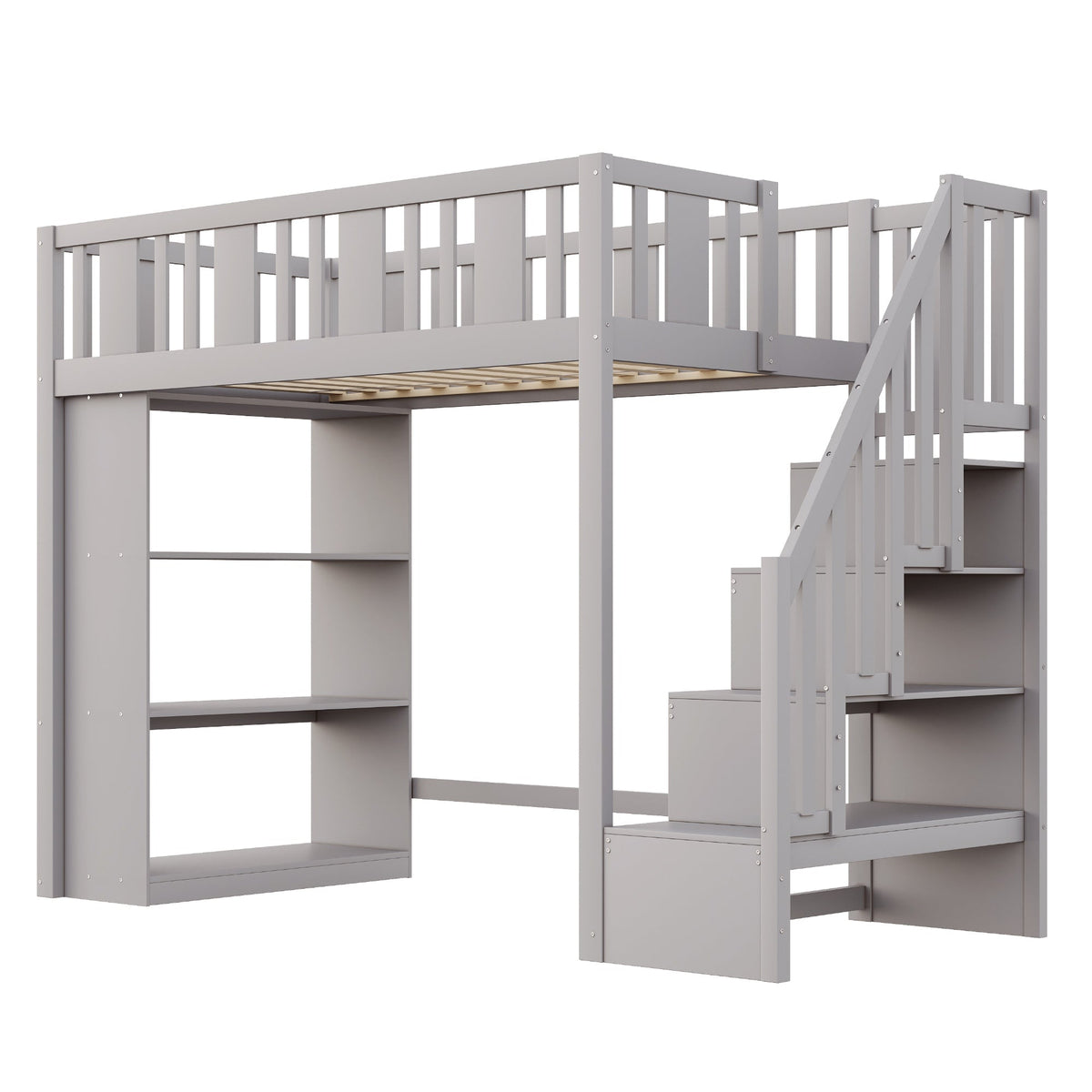 Loft Bed, 90 x 200 cm, Storage Stairs & Compartments, Wood, Grey