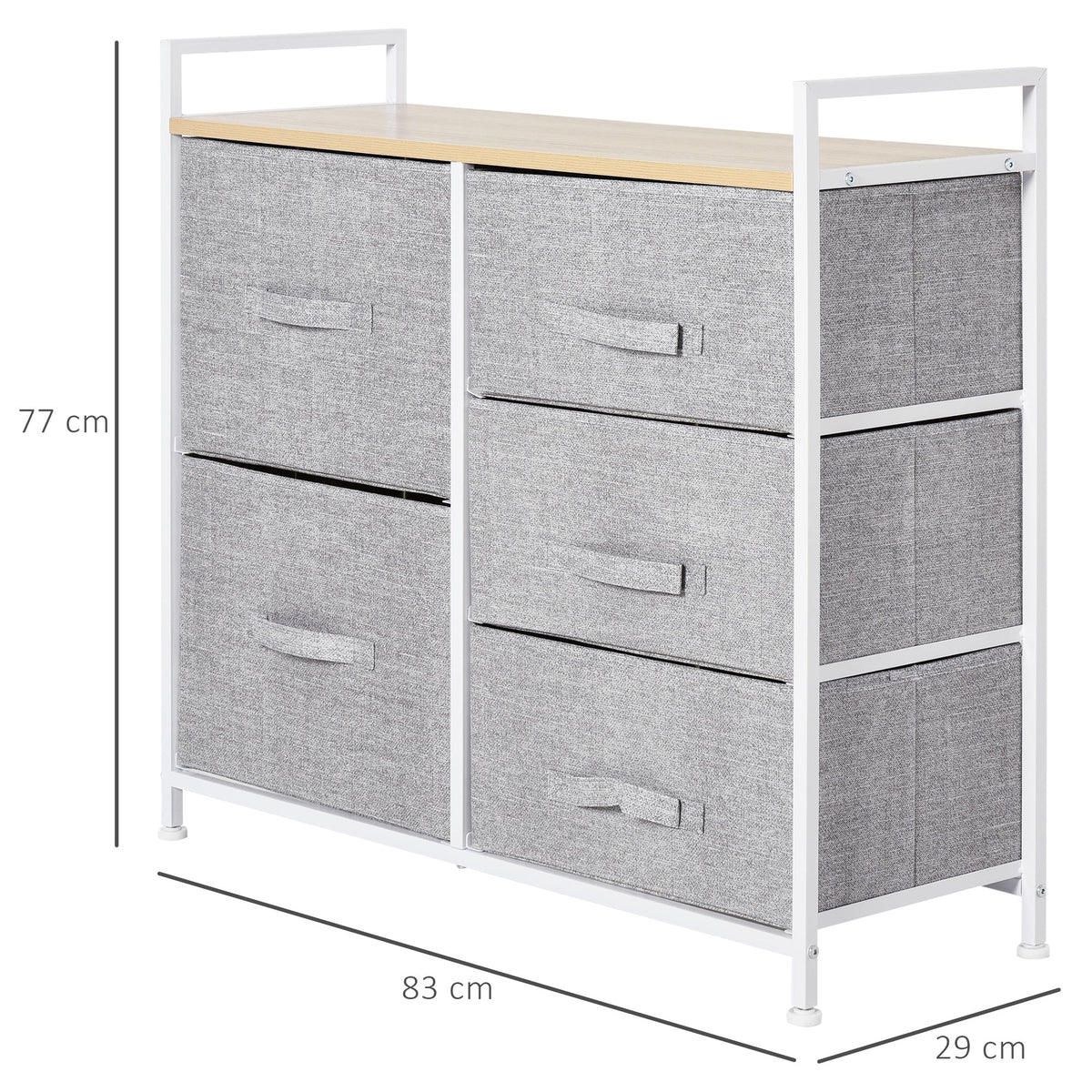 Chest of Drawers, 5 Fabric Drawers, Grey Fabric Wood Metal Frame