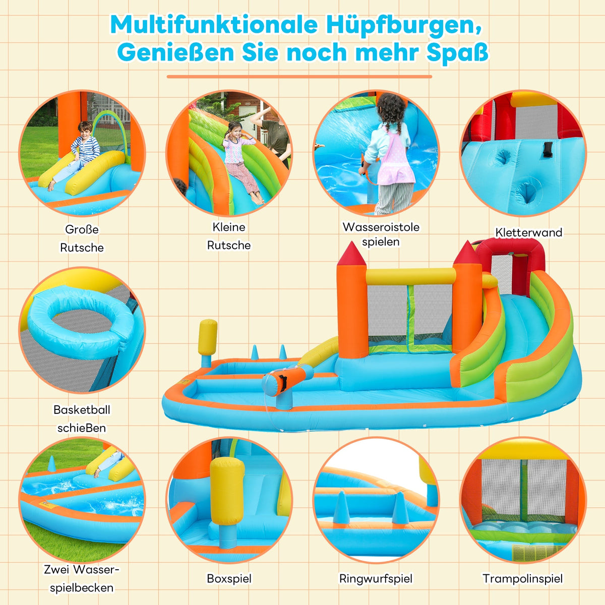 Multifunctional Outdoor Bouncy Castle with Blower, Water Slide, Trampoline, Basketball Hoop, Water Gun, 2 Pool Areas, 1 Large and 1 Small Slide