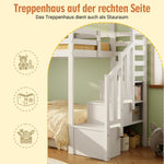 Bunk Bed with Storage Stairs and Fall Protection, 90x200cm, White Solid Wood
