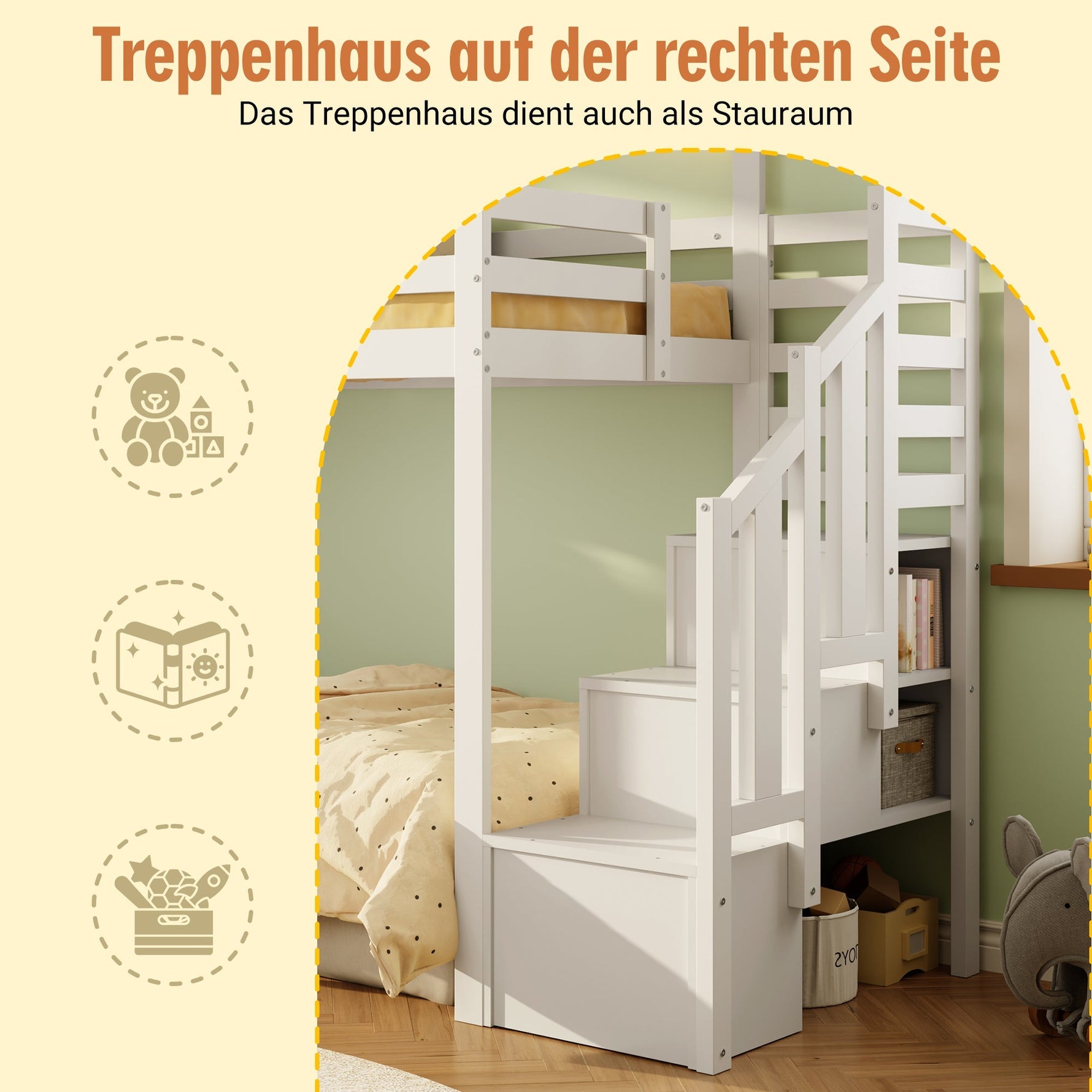 Bunk Bed with Storage Stairs and Fall Protection, 90x200cm, White Solid Wood