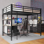 Loft Bed 140x200cm with LED Desk USB Port 3 Drawers Stairs - Black
