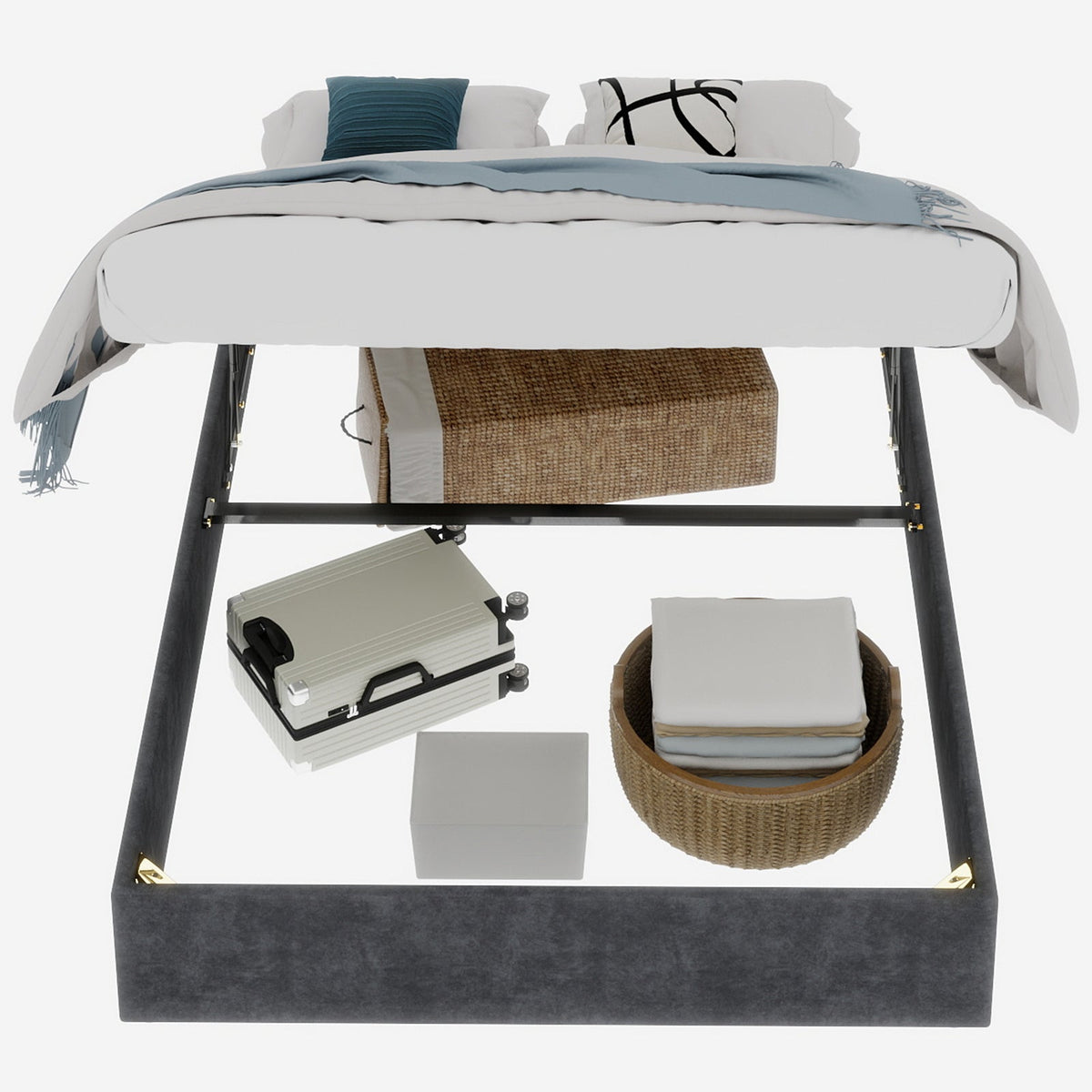 Modern Minimalist Bed Frame, 160x200cm Gas Lift Rods, Dutch Velvet Gray