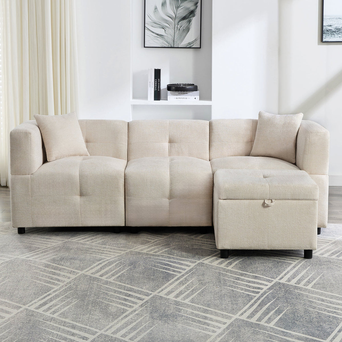 Sofa, 3-Seater L-Shaped Corner with Storage & Removable Footstool, 2 Cushions