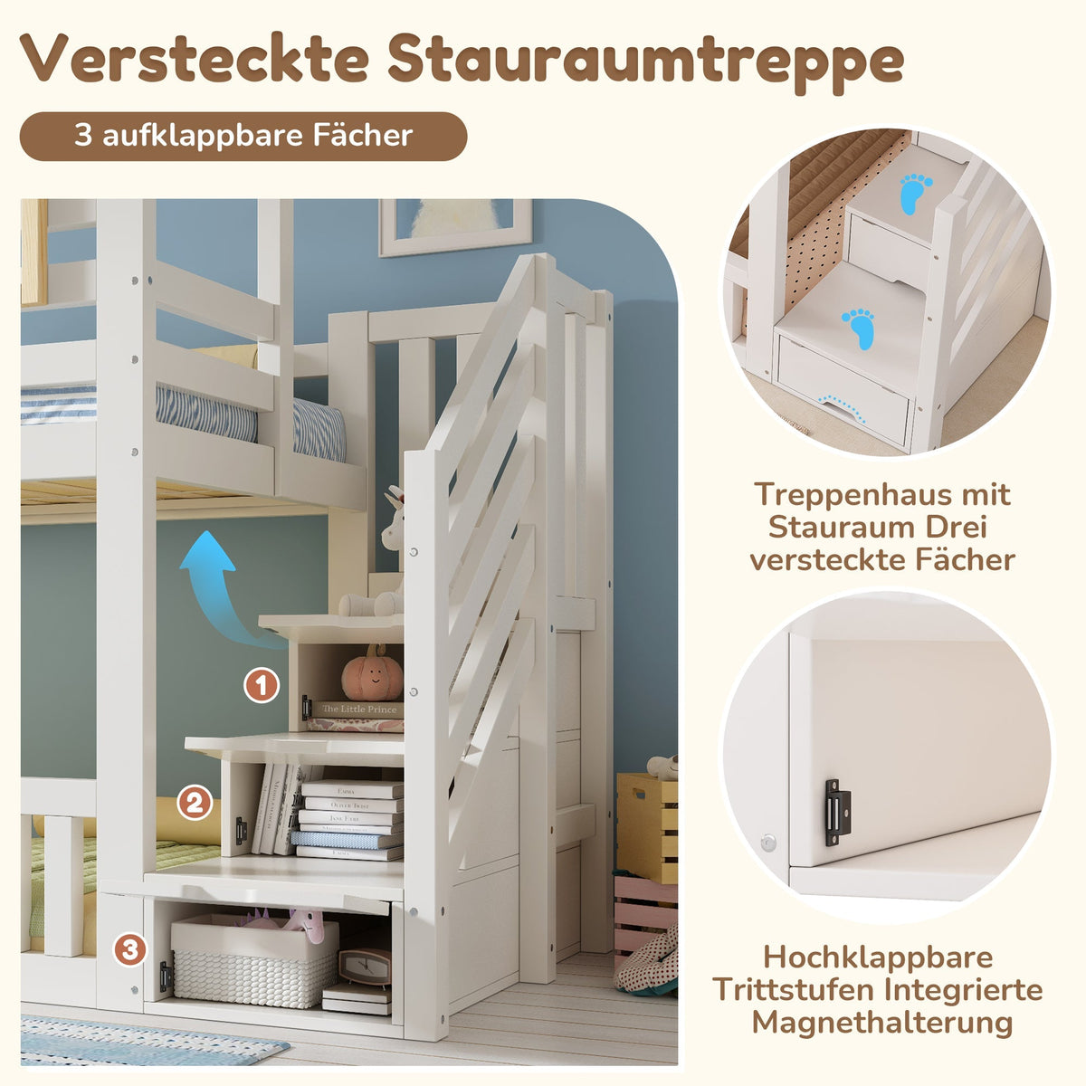 Bunk Bed with Cabin Style Windows and Staircase Cupboard, 90x200cm, White Wood