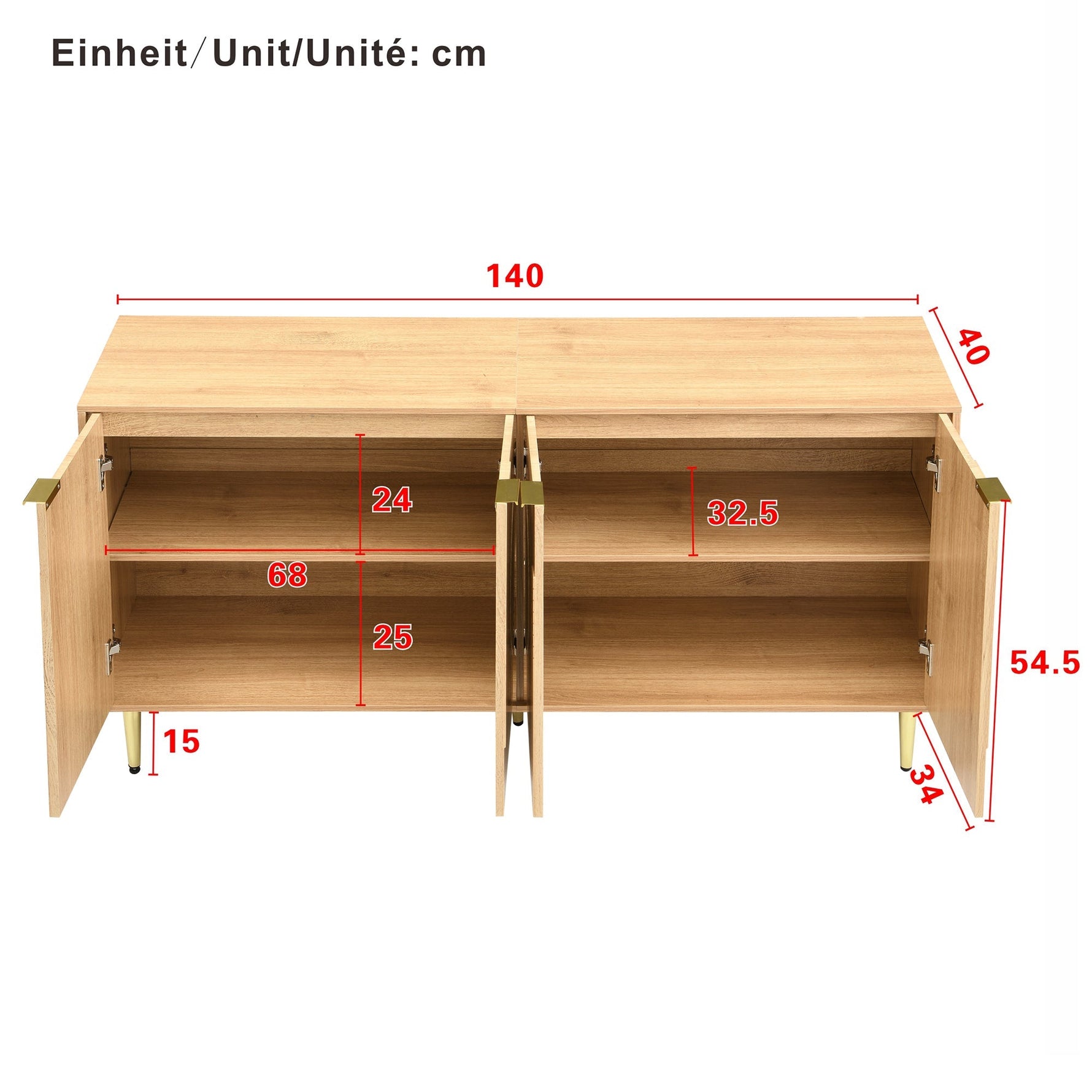 Modern Sideboard with 4 Doors and Adjustable Shelves, Natural Wood Look