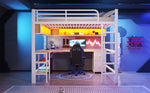 Loft Bed 140x200cm Gaming Desk Wardrobe Bookshelf USB LED Metal White