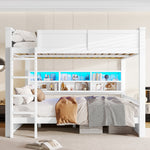 Bunk Bed with Storage Cabinets and LED Light, 160x200cm, White