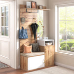 Wardrobe Set with Mirror, Shoe Cabinet, Coat Rack, Bench, Hooks - White and Wood-colored