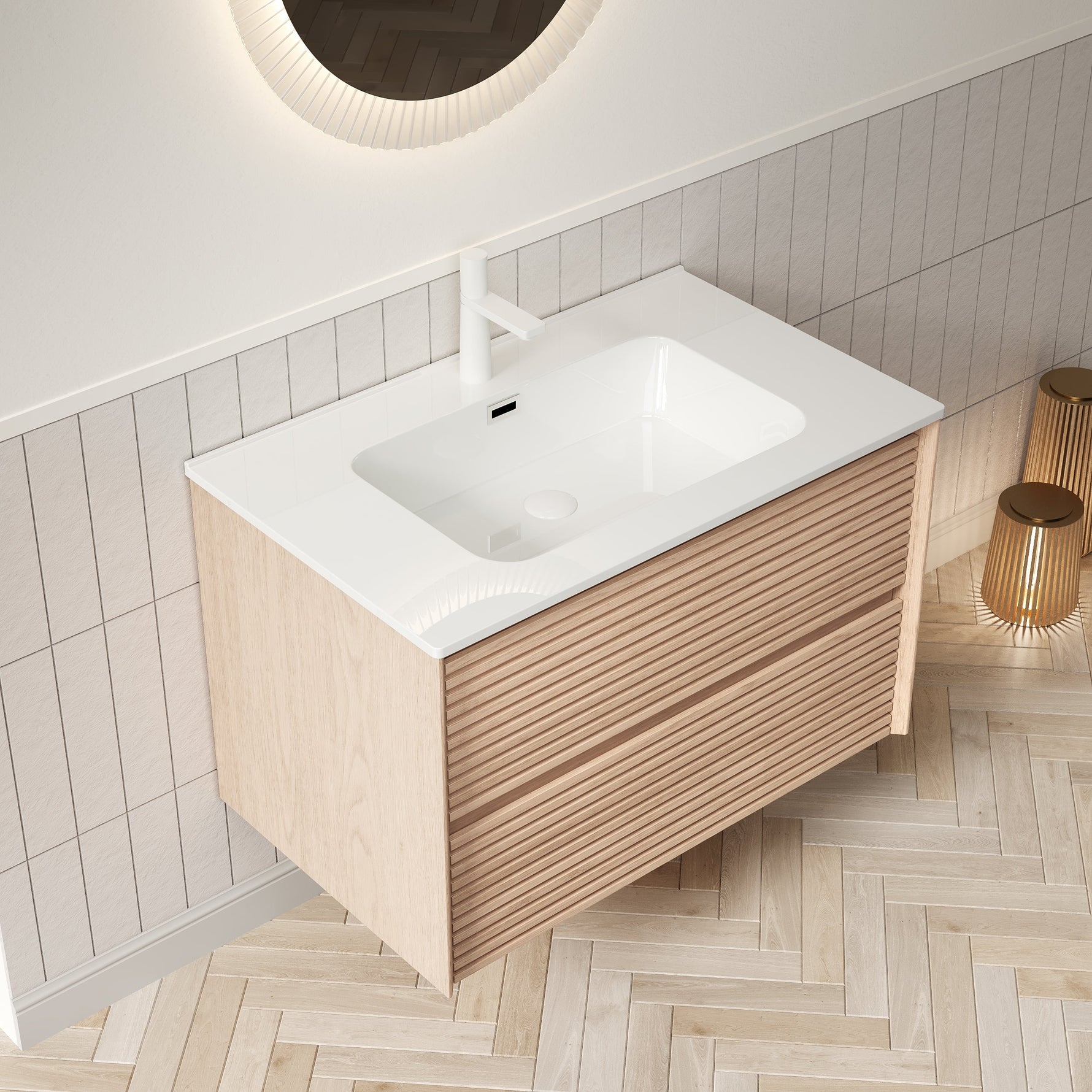BRON Wall Mounted Vanity 81cm Ceramic Undermount Basin 2-Drawer Cinnamon Walnut Wood Grain
