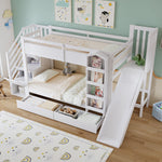 Bunk Bed with Slide, Stair Storage, Bookshelf and Drawers, 90x200cm, White Pine + MDF
