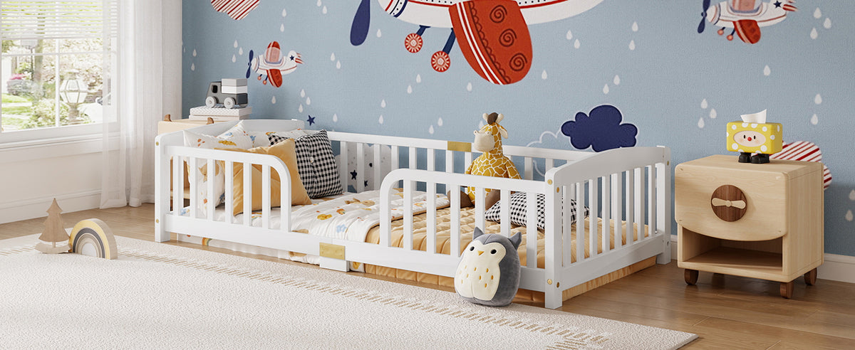 Floor Bed 90x200cm with Guardrails, Pine Wood, White