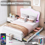 Children's Bed Upholstered Single Crown Girl's with Storage Drawers & LED Lights, White PU Leather