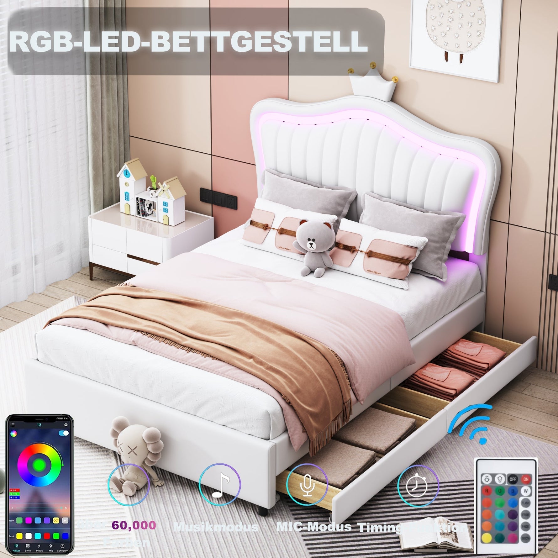 Children's Bed Upholstered Single Crown Girl's with Storage Drawers & LED Lights, White PU Leather