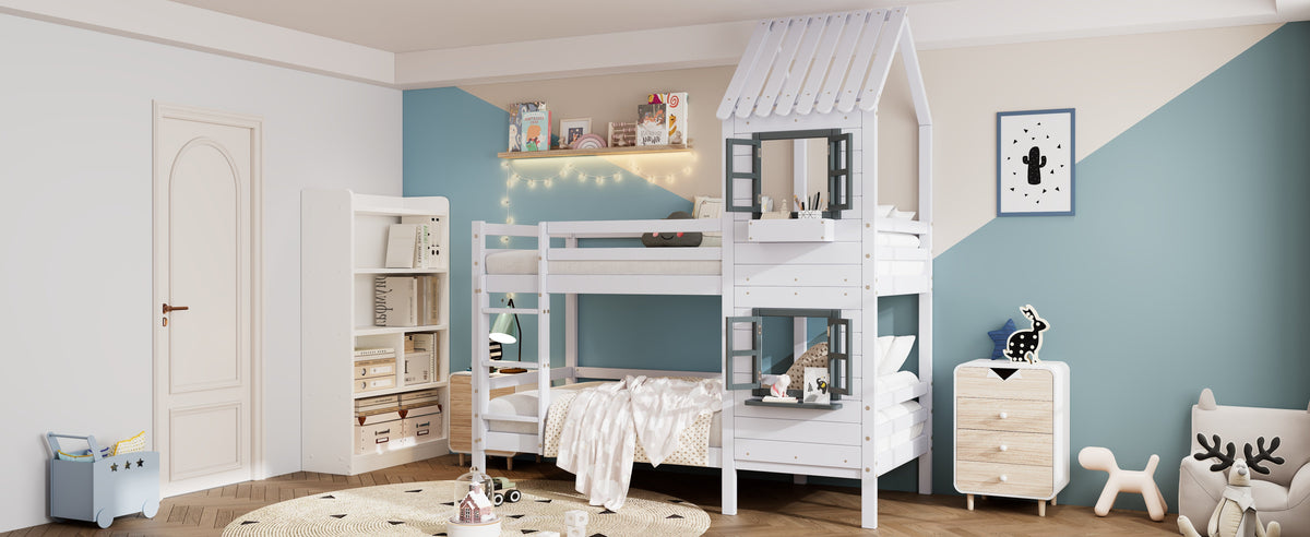 Bunk Bed, House Bed with Handrail & Window, Pine Frame, White