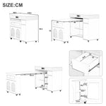 Kitchen Island Mobile Extendable Table Power Strips Ribbed Glass Storage - White/Walnut