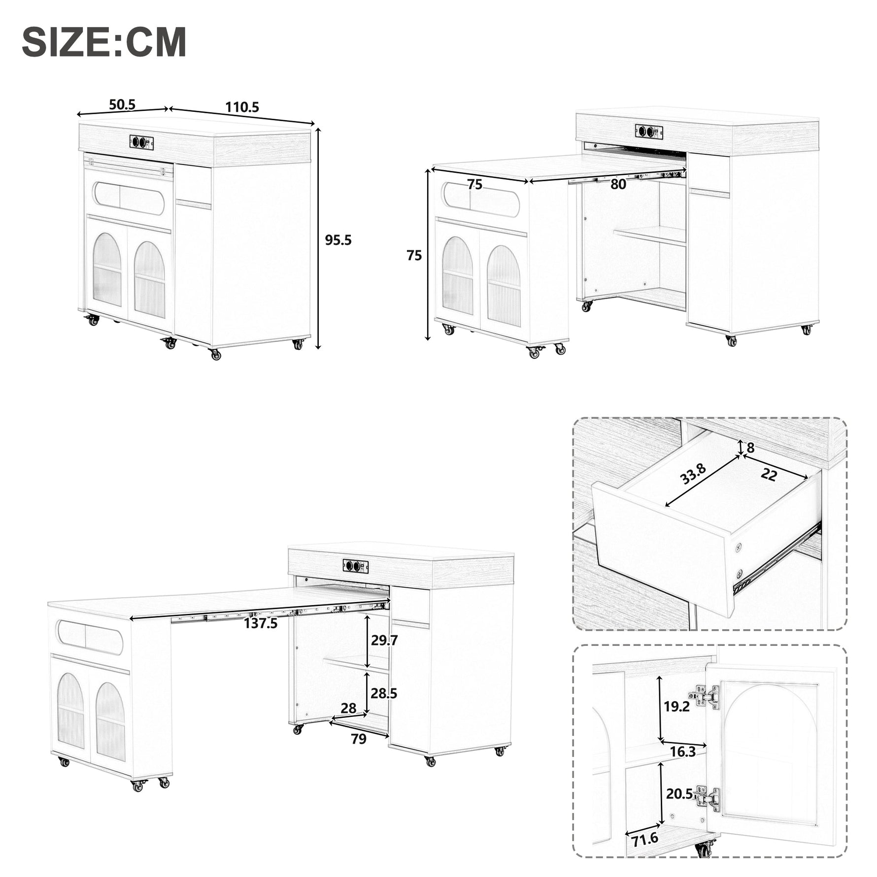 Kitchen Island Mobile Extendable Table Power Strips Ribbed Glass Storage - White/Walnut