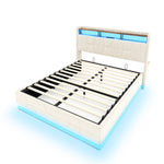 Multifunctional Bed with LED Lighting, Storage Headboard and USB Charging Station, 140x200cm, Beige