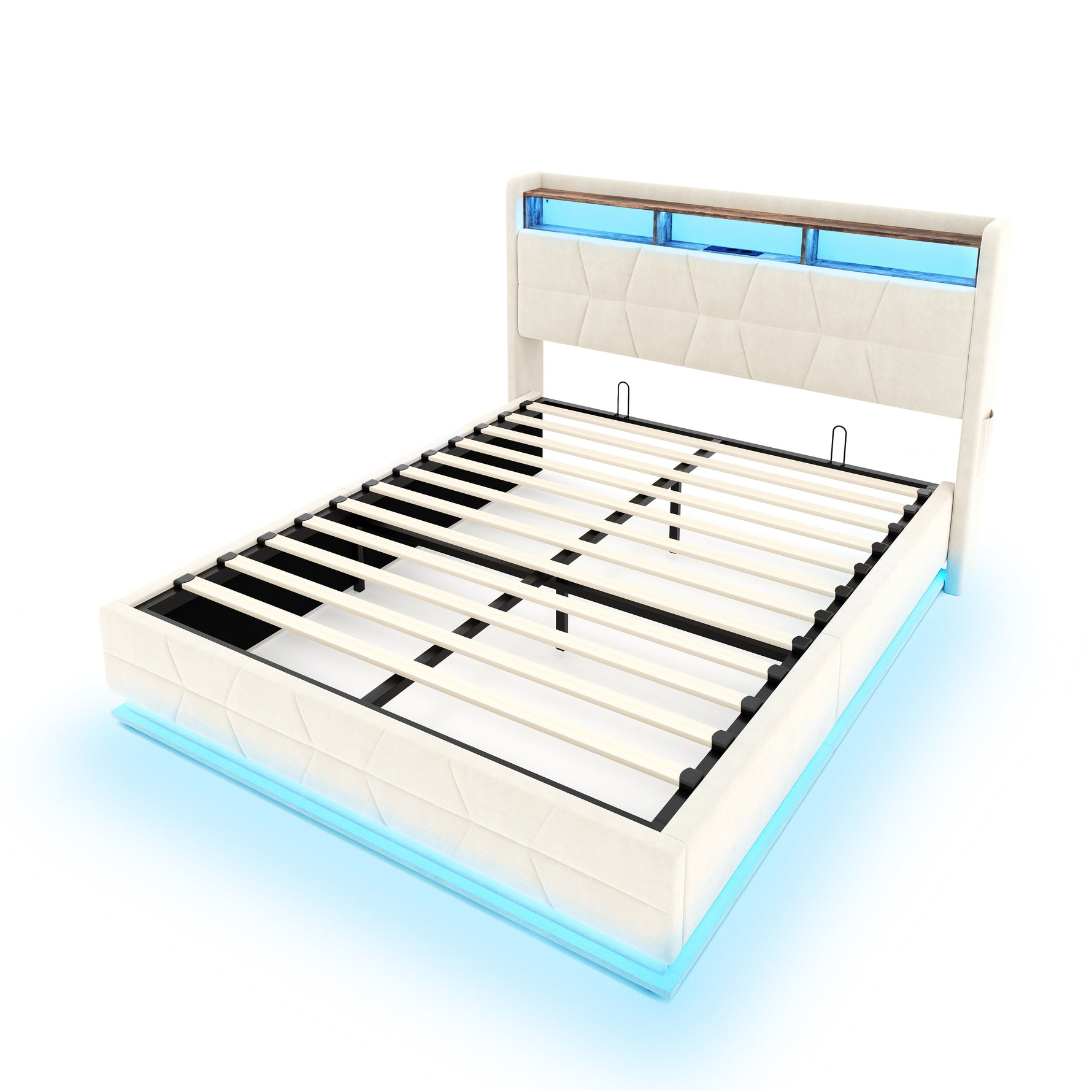 Multifunctional Bed with LED Lighting, Storage Headboard and USB Charging Station, 140x200cm, Beige