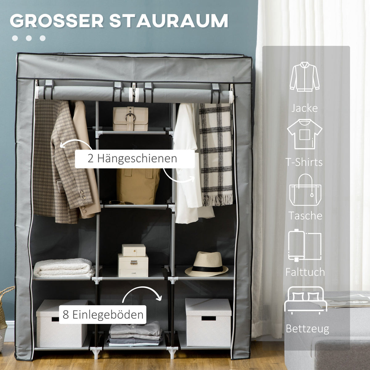 Fabric Wardrobe, Foldable Clothes Rails 8 Tiers, Light Grey