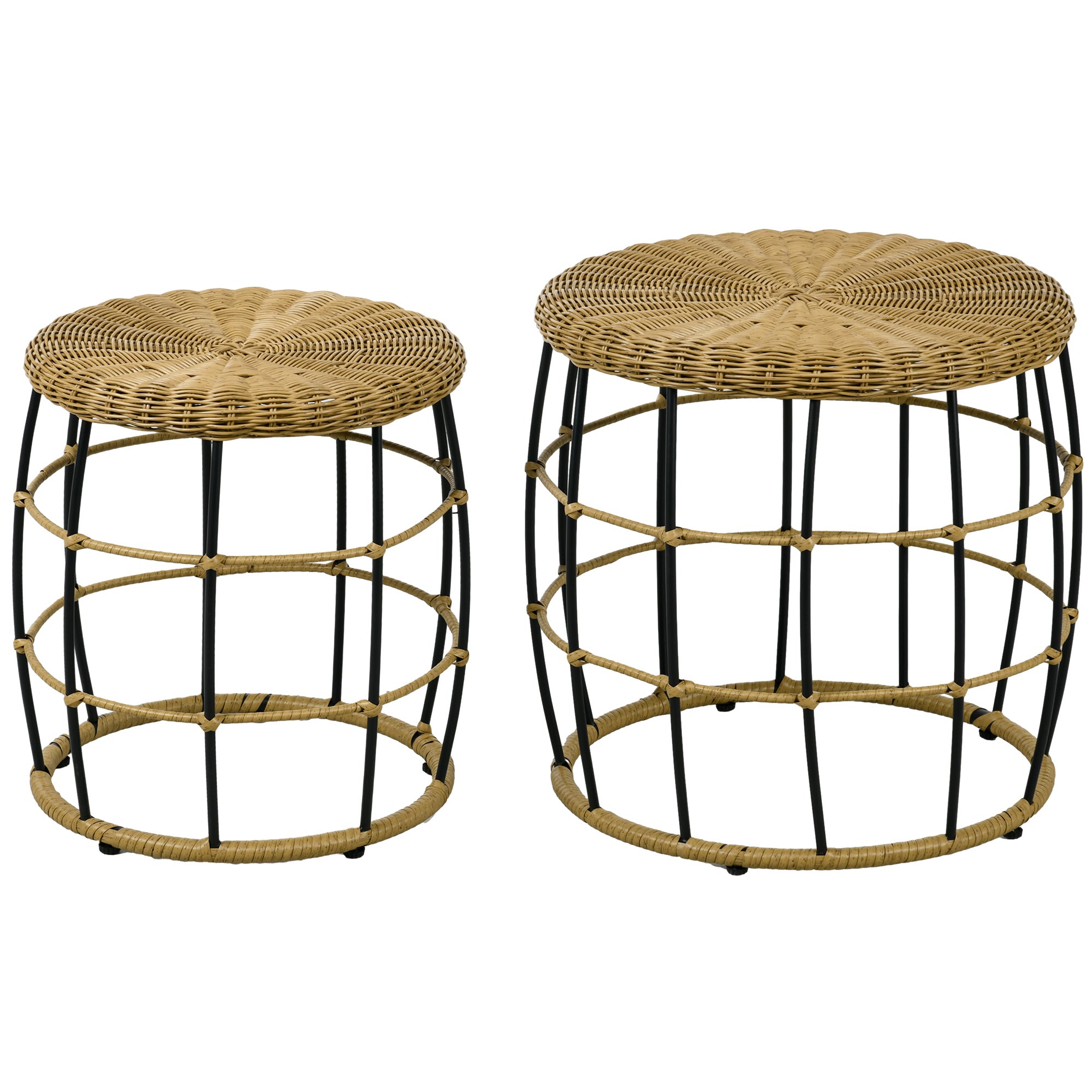 Rattan Side Table Set of 2 Stackable Coffee Table, Khaki