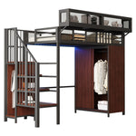 Metal Loft Bed 90 x 200 cm with Wardrobe, Safety Ladder and LED Lighting, Black