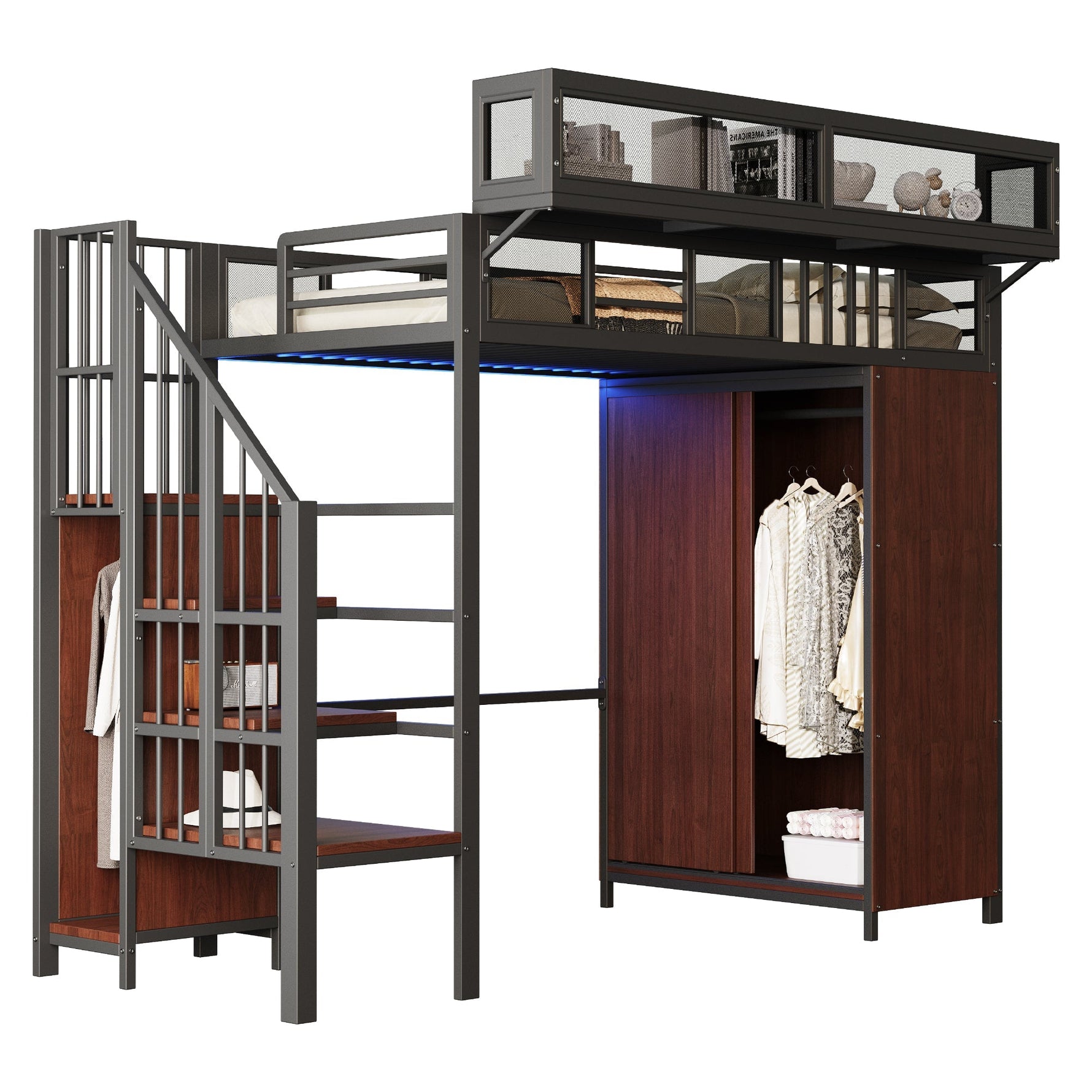 Metal Loft Bed 90 x 200 cm with Wardrobe, Safety Ladder and LED Lighting, Black