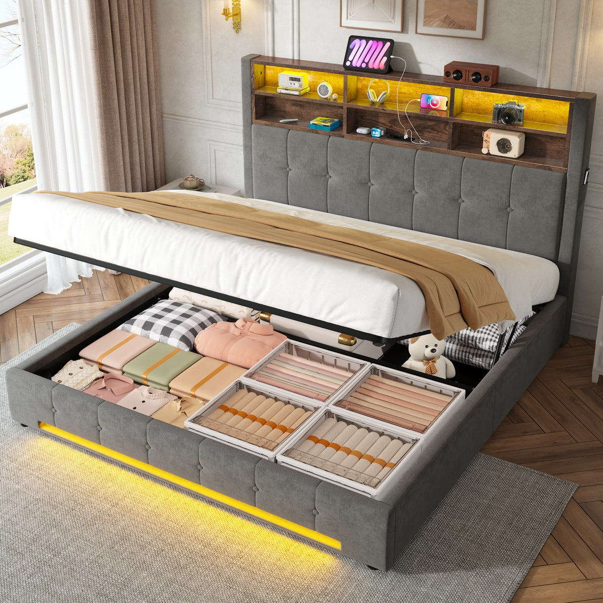 Storage Bed 180x200 cm with LED & Headboard in Velvet