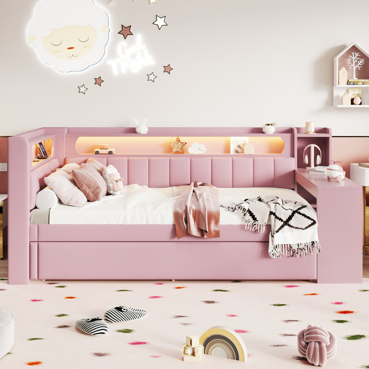 Upholstered Daybed 90x200cm with Trundle, Desk & LED, Pink