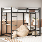 Metal Loft Bed, 140x200 cm, with Ladder, Table, and Storage, Black