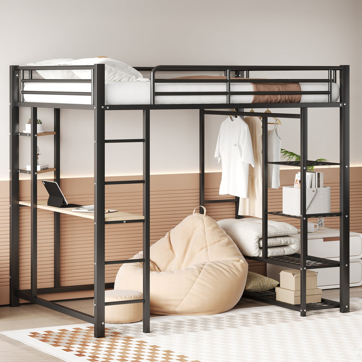 Metal Loft Bed, 140x200 cm, with Ladder, Table, and Storage, Black