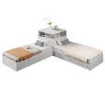 90x200 L-Shaped Platform Bed with Trundle & Storage, White